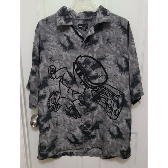 Boff Mens Short Sleeve Button Up Shirt Break Dancing Graphic Streetwear Y2K Sz L - Picture 1 of 5